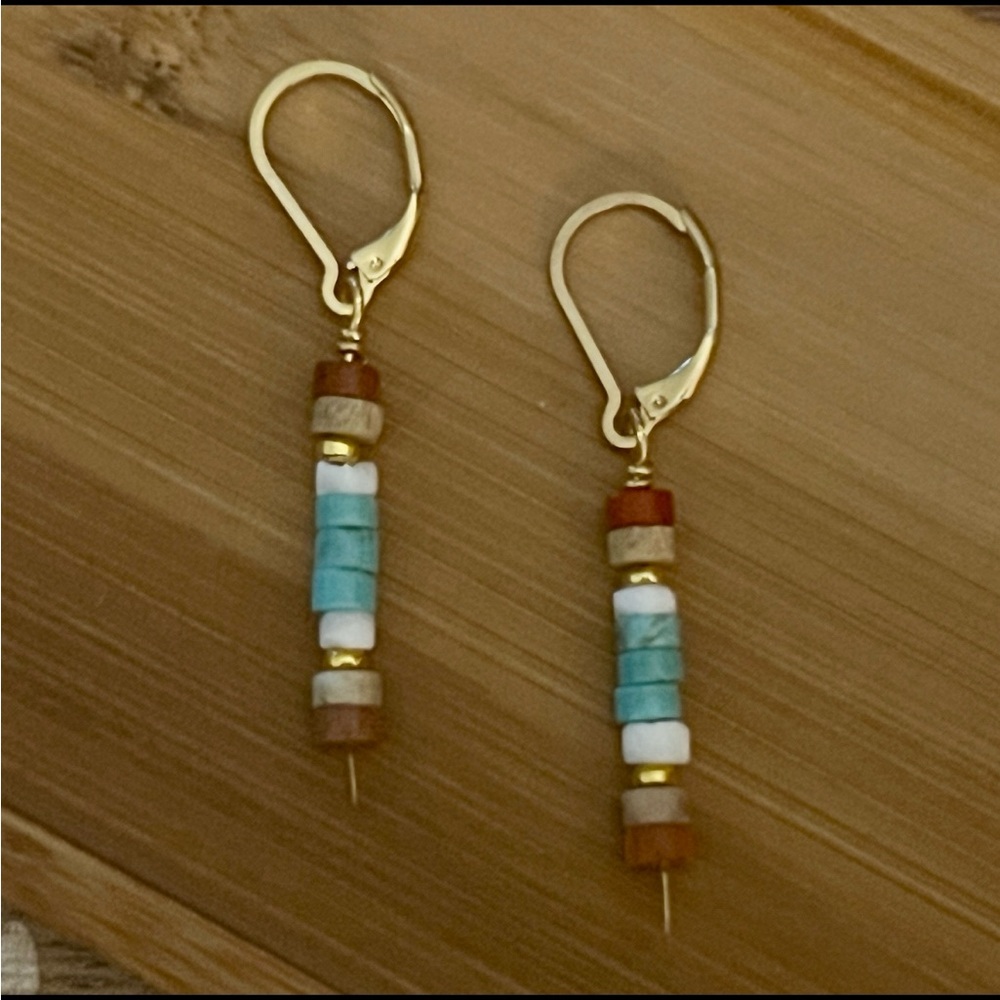 New Earthy Boho Red Coral, Turquoise & Shell Dangle Earrings